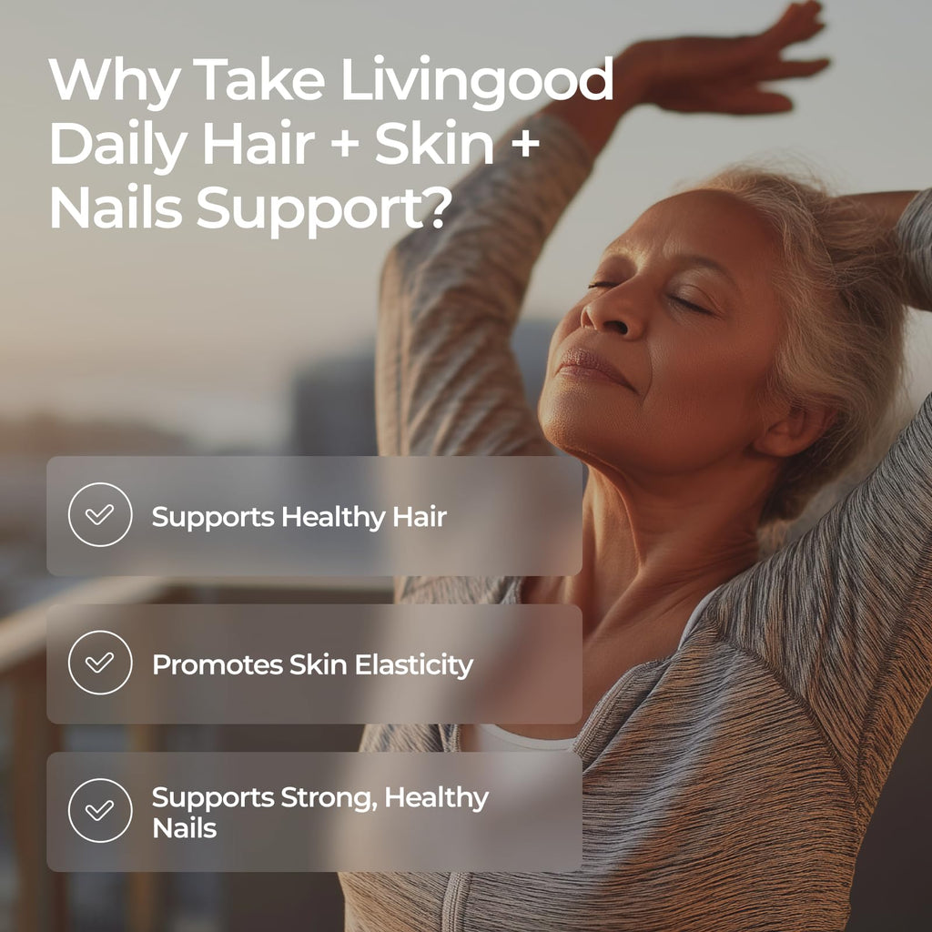Livingood Daily Hair, Skin & Nails Supplement, 14-in-1 Formula with Biotin, Collagen, Keratin, Bamboo, Selenium, Folate, B12, Zinc and More, Beauty Supplement for Women & Men, Gluten Free, 60 Capsules