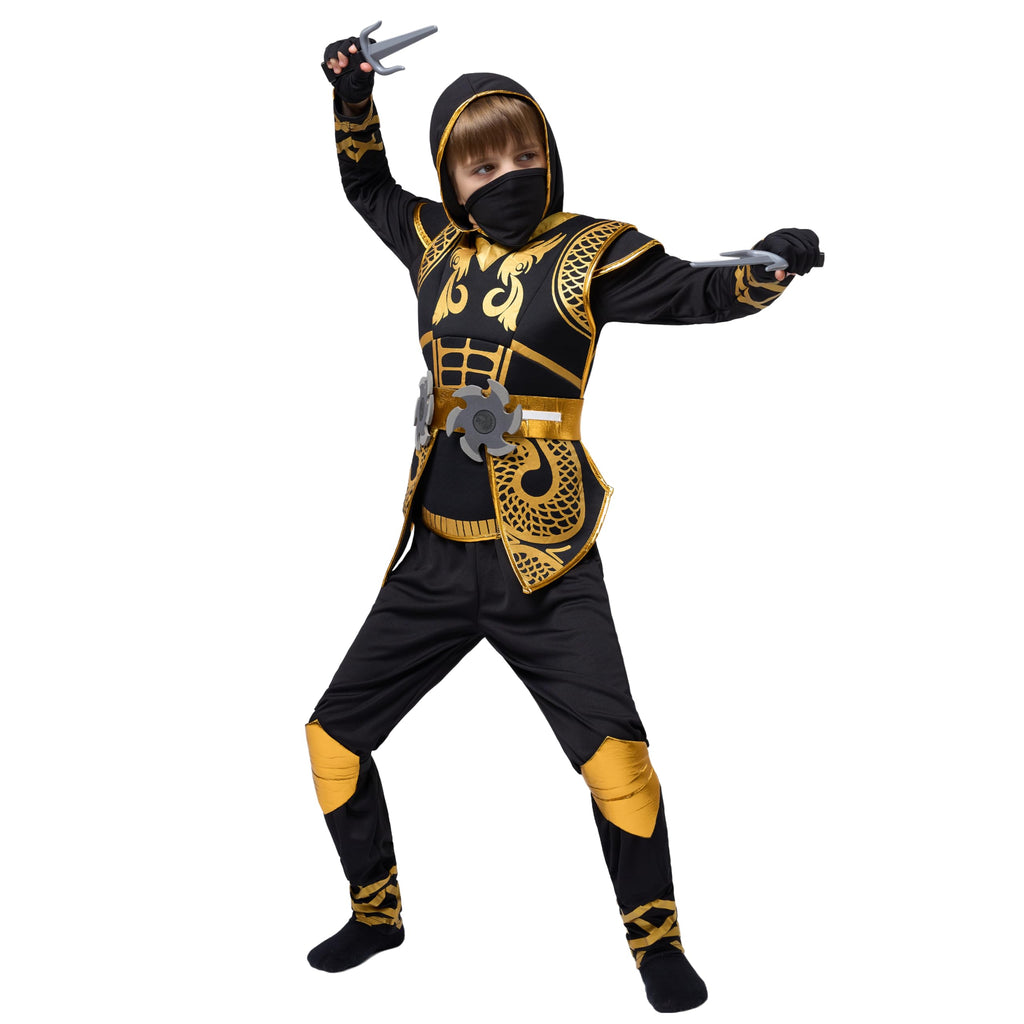 Spooktacular Creations Golden Ninja Costume Set, Ninja Jumpsuit with Foam Accessories for Kids, Toddler Halloween Outfit for Ideas Cosplay Party (Small, 5-7 yrs)
