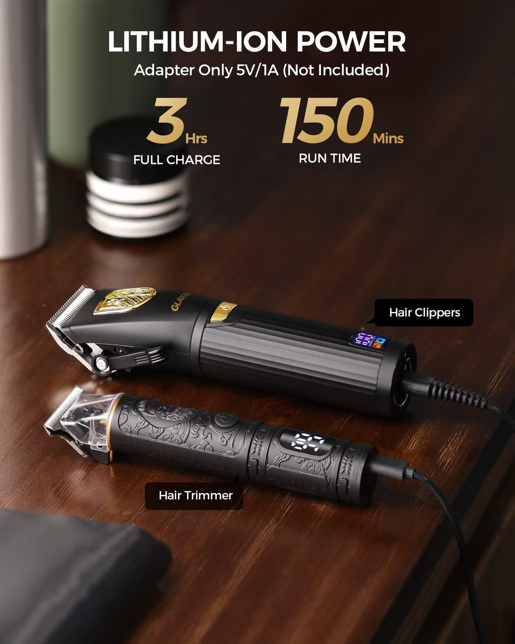 GLAKER Hair Clippers for Men,Professional Mens Hair Clippers Cordless Clippers for Hair Cutting,Precision Trimmer Kit Zero Gap Trimmer with LED Display 15 Guide Combs (Black+Gold)