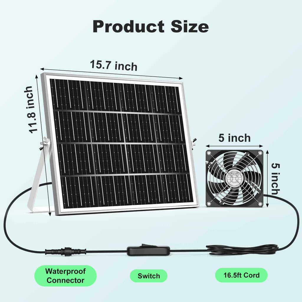 pqins New 5" Solar Chicken Coop Fan 3 Kit, 35W Solar Powered Exhaust and Intake Greenhouse Fan Outdoor Waterproof, 16.5ft Cord, Strong Airflow, for Shed Air Circulation and Ventilation, No Battery