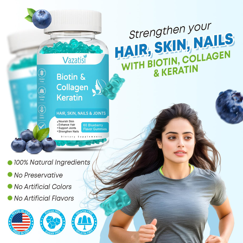 2 Pack Biotin Gummies with Collagen & Keratin for Hair Skin Nails- Women Men, Kids - 120 Blueberry Flavored Gummies