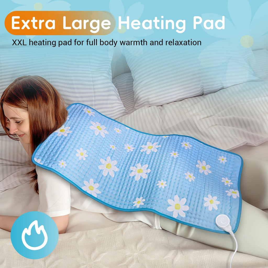 Comfytemp Extra Large Heating Pad for Back & Period, 33''x 17'' King Size Heat Pad Soft and Stylish, FSA Eligible, HSA Approve Electric XL Shoulder/Neck/Knee Heated Pad, Washable (Blue & Daisy Print)