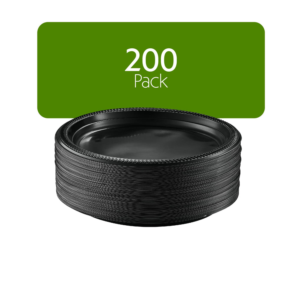 PLASTICPRO 200 PCS Black Plastic Plates Light Weight 10'' Inch Plastic Dinner Plates Black Plates Disposable for Party and Wedding