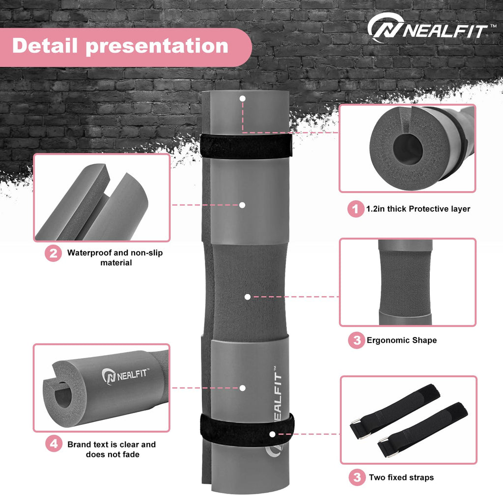 NEALFIT Barbell Pad Squat Pad for Squats���Squat Bar Pad���Great for Weightlifting,Lunges and Hip Thrusts���Foam Sponge Pad���Fit Standard and Olympic Bars Perfectly (Grey)
