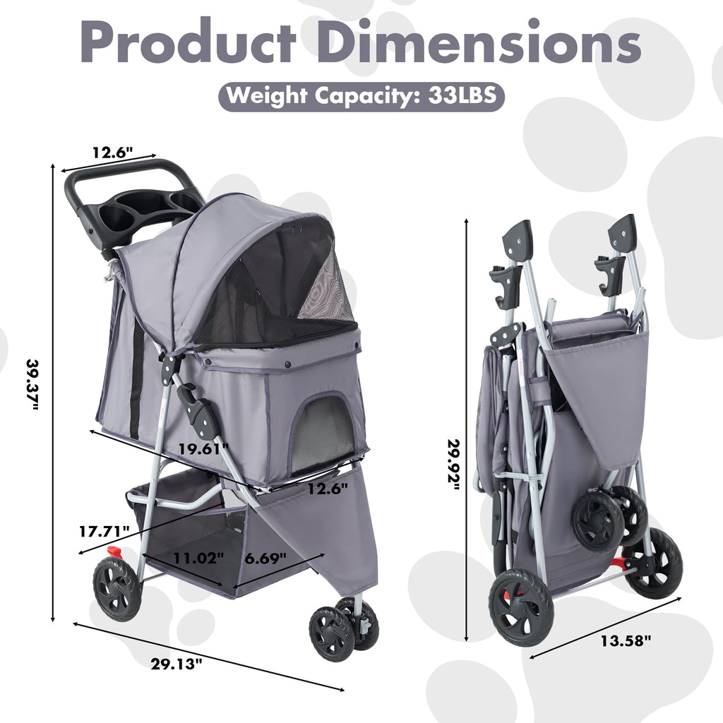 KMFurnila 3 Wheel Pet Stroller for Dogs and Cats, Foldable, Lightweight and Durable, Ideal for Small to Medium Pets, Includes Storage Basket and Cup Holders