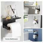 FORIOUS Toilet Paper Holder with Shelf, Adhesive or Screw Wall Mount Toilet Paper Roll Holder for Bathroom, SUS 304 Stainless Steel Commercial Toilet Tissue Holder with Storage Dispenser, Matte Black