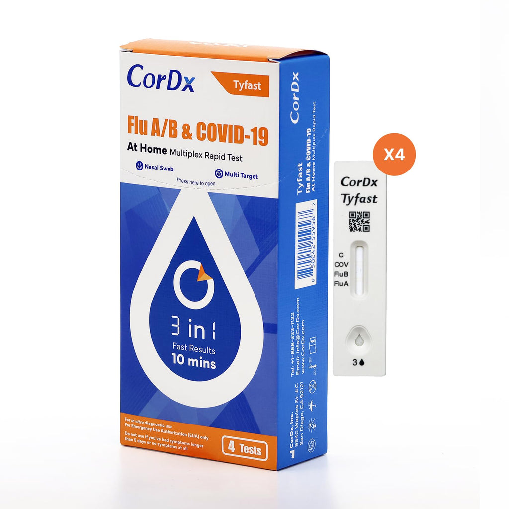 CorDx TyFast Flu A/B & COVID-19 At-Home Multiplex Rapid Test Kit, 3-in-1 Antigen Test, Results in 10 Minutes, EUA Authorized OTC, 4 Tests