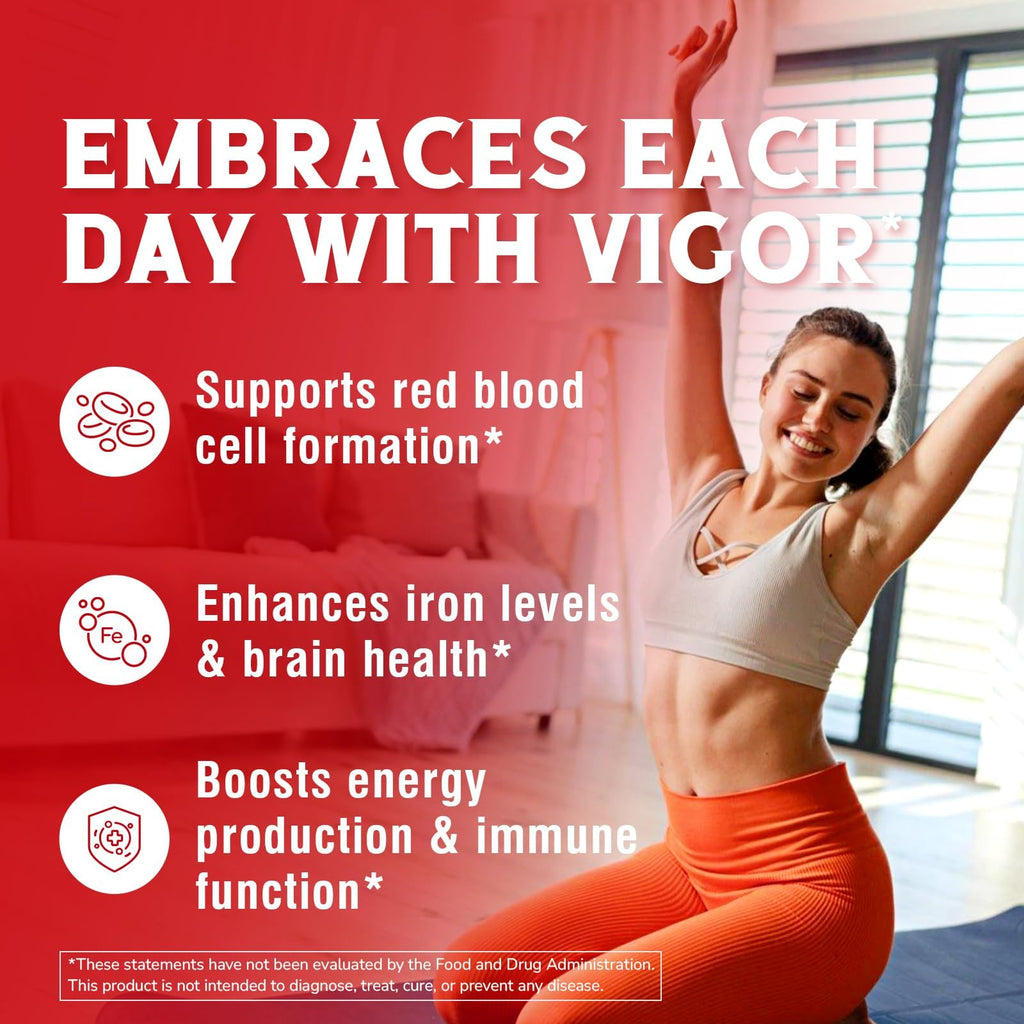 Iron Supplement for Women & Men, with Vitamins C, B6, B12 & Folate for Iron Deficiency, Blood Building & Energy Support, Stomach Friendly, Better Absorption, Non-GMO, No Gluten, 90 Vegan Caps