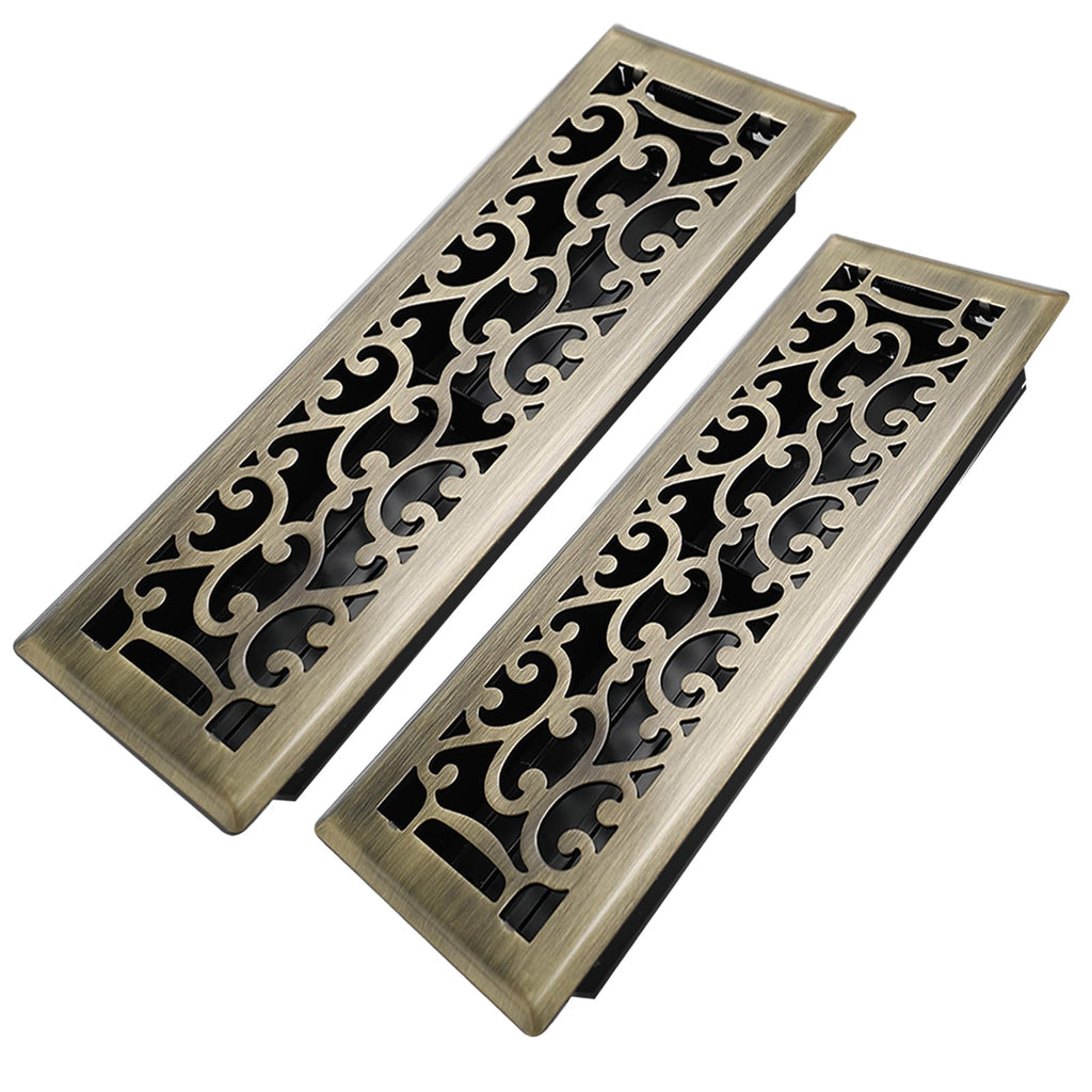 Howeall 4x14 Inches 2 Pack Heavy Duty Walkable Floor Register - Easy Adjust Air Supply Lever Decorative Floor Vent Covers, Savannah Design Vent Covers for Home - Antique Brass