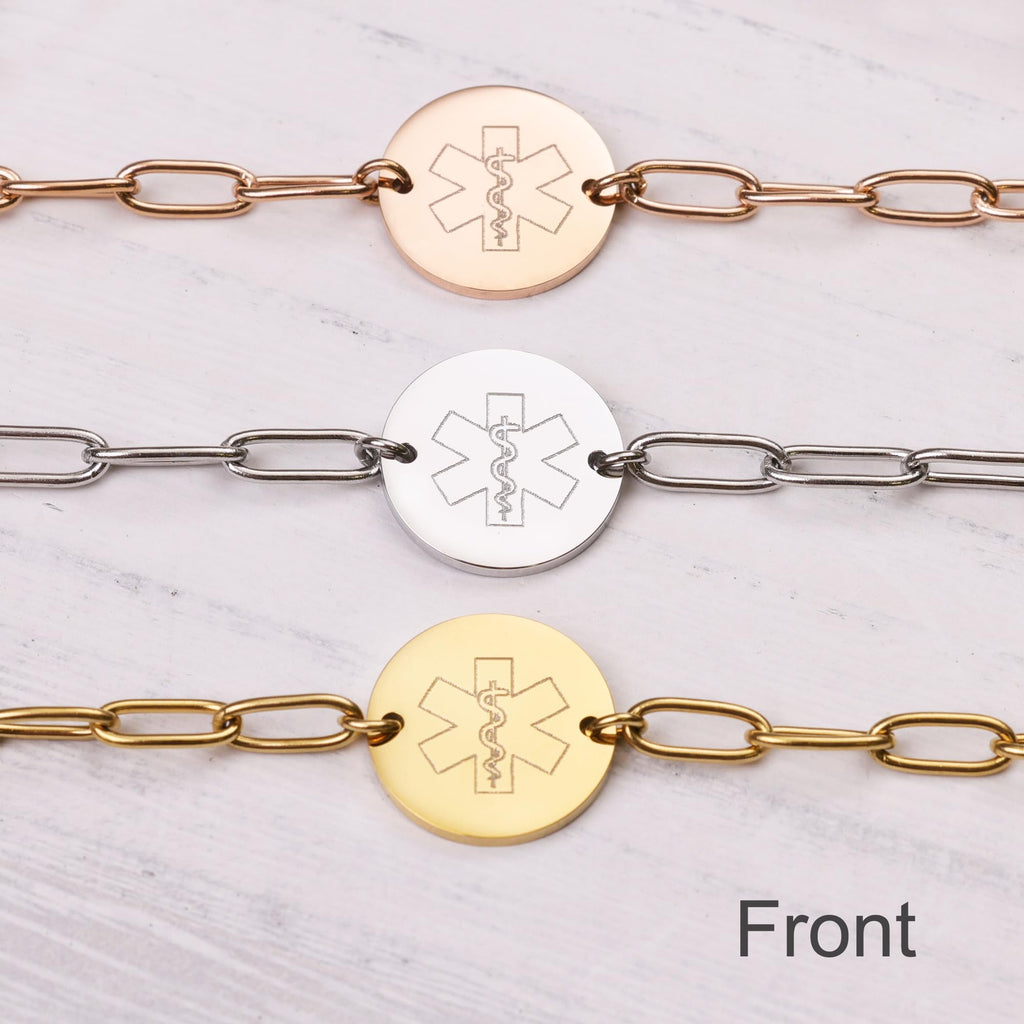 Medical Alert ID Bracelet for Women, Gold Silver Rose Paperclip Adjustable