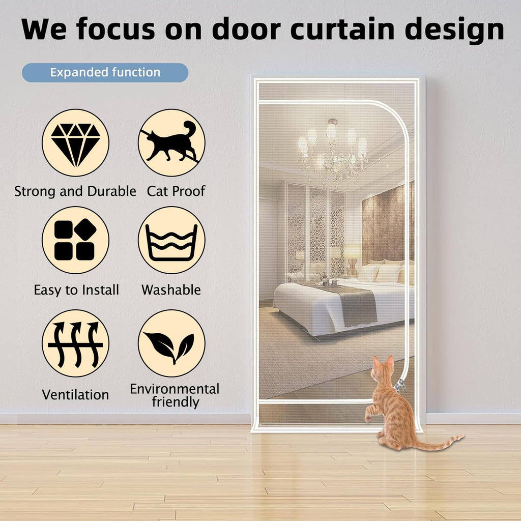 Reinforced Cat Screen Door, Zipper Mesh Screen Door Fits 38''x 82'', Cat Resistant - For Living Room, Bedroom, Kitchen