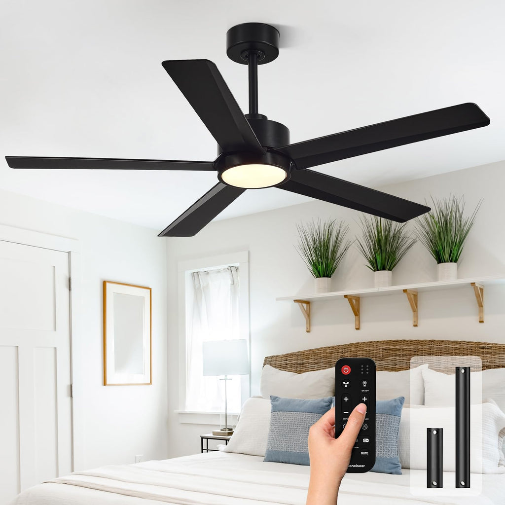 Conciseer Modern Ceiling Fans with Lights,52 Inch Ceiling Fans with Remote for Bedroom Living Room Kitchen, 18W 6CCT Dimmable，5 Blades 6 Speed Reversible Quiet DC Motor Black