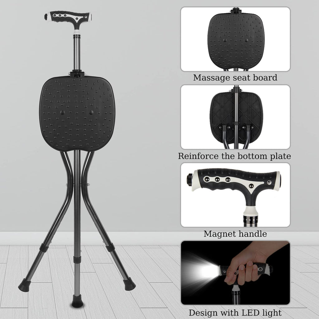 Yayayo Hold 440 lbs Folding Canes with Seat Walking Stick Height Adjustment Cane Seat Capacity Frosted Handle with Magnetic Therapy Stone Crutches Stool (Square LED)