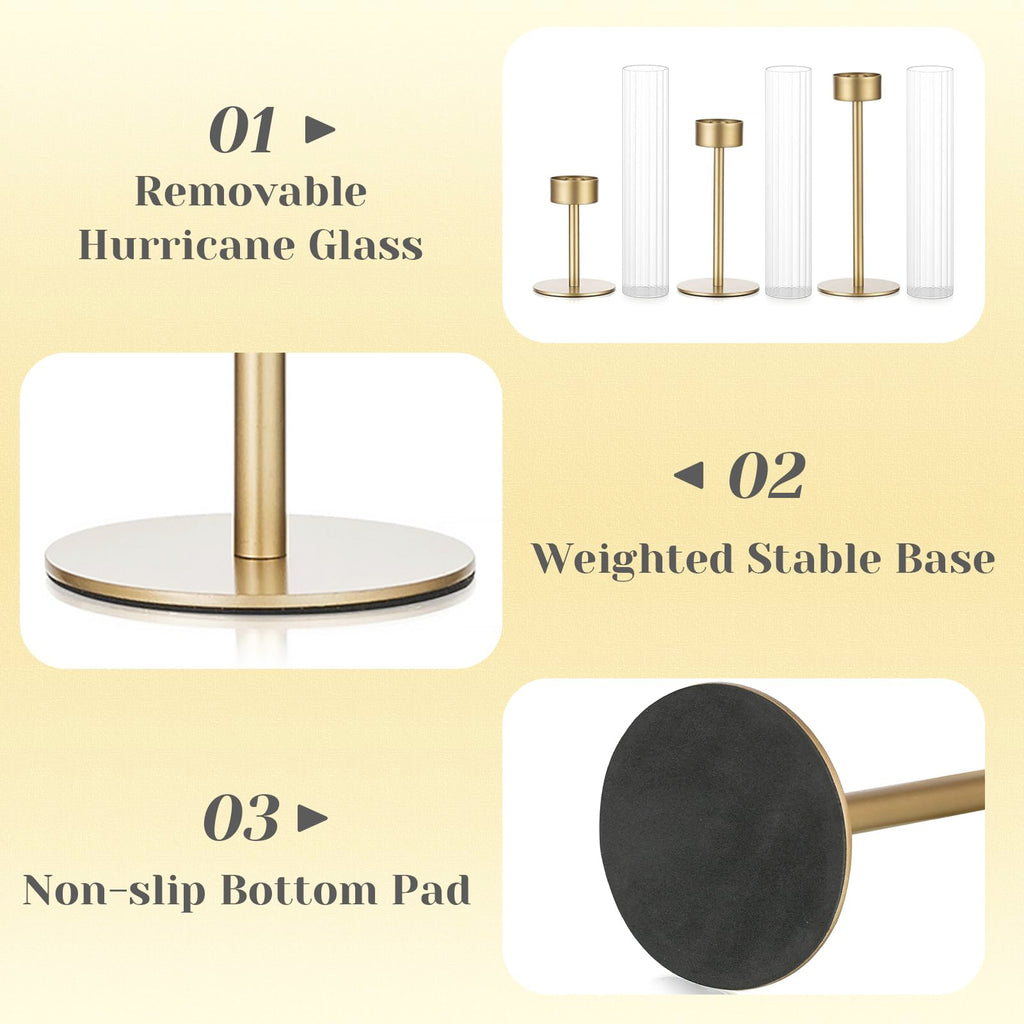 Hewory Gold Hurricane Candle Holder: 3PCS Candlestick Holders for Decor