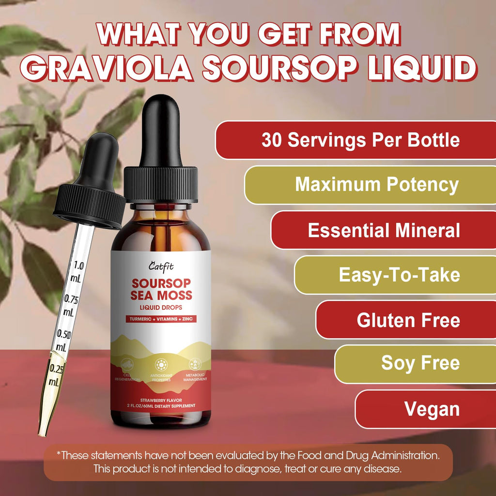 Catfit Soursop Graviola Liquid Drop – Soursop Bitters Liquid Drops with Sea Moss, Turmeric & Zinc, for Cell Support, Antioxidant, Relaxation & Immune Boost, Strawberry Flavor, 2 Fl Oz