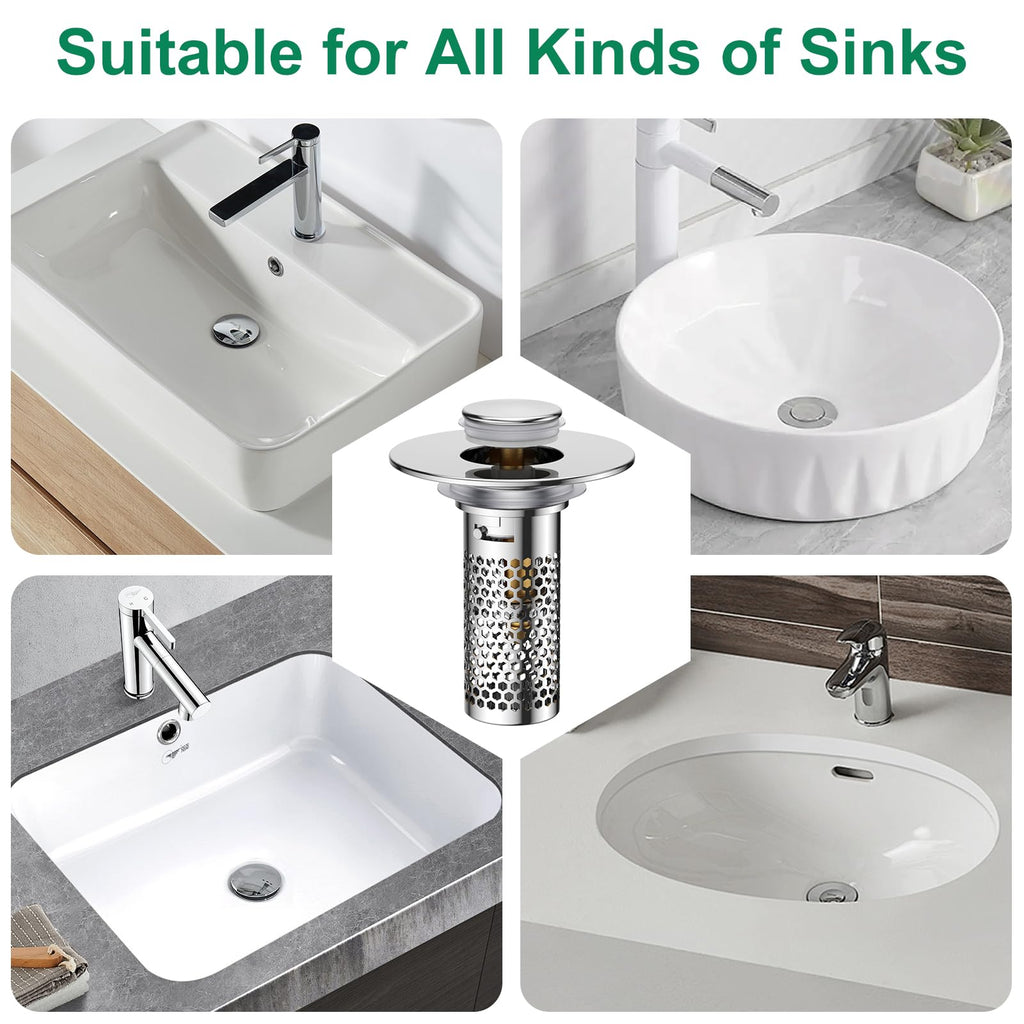 Bathroom Sink Drain Strainer,Universal Pop-Up Sink Stopper Hair Catcher, Anti-Clog Stainless Steel Drain Filter Basket, Removable Sink Drain for Bathroom Sink Stopper (YSilver-2（with Buckle）)