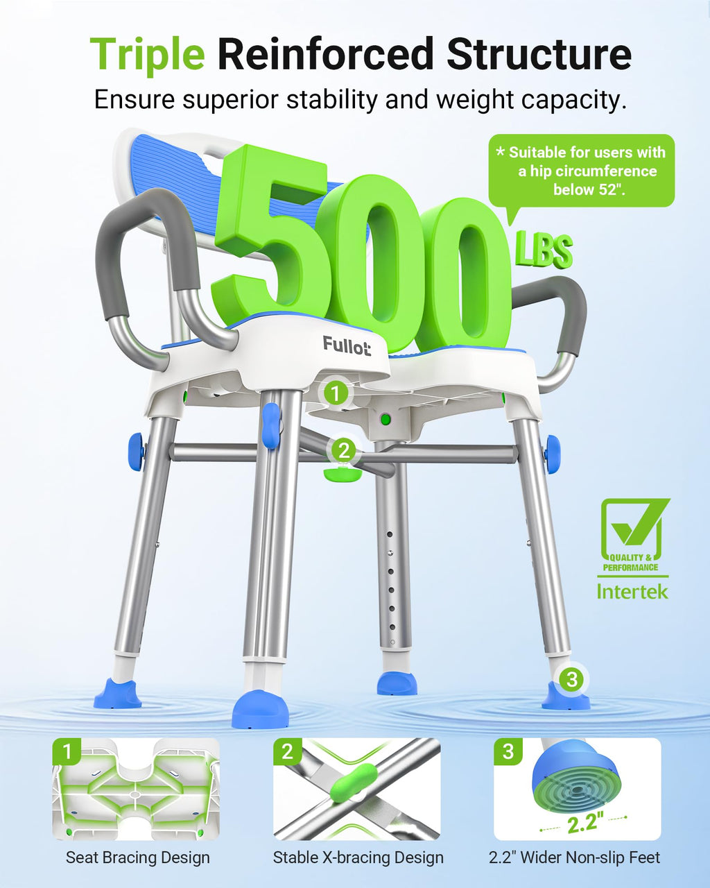 Ergonomic H-Shaped Shower Chair for Elderly and Disabled with Padded Back & Arms,500 lbs Heavy Duty Adjustable Shower Stool Seat for Easy Cleaning, Anti-Slip Bath Chairs for Bathtub