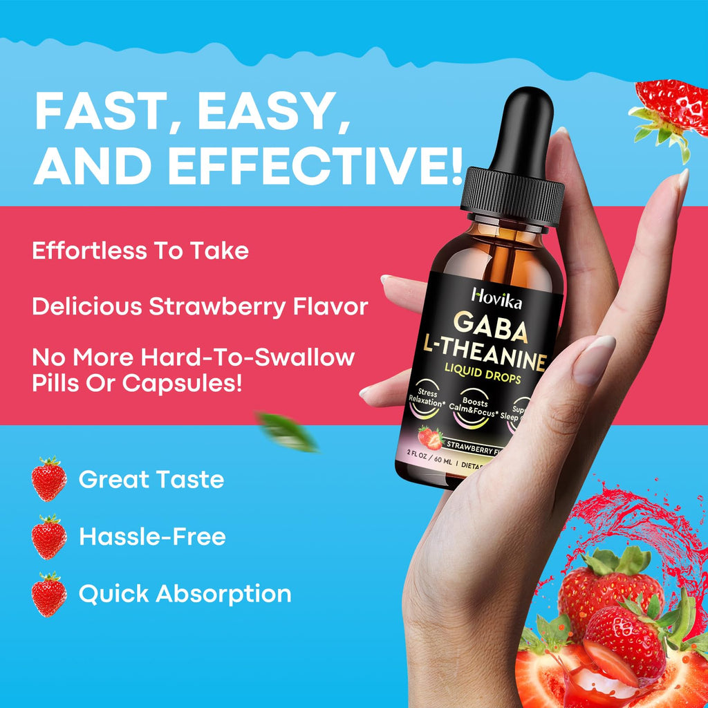 Hovika 2 Pack GABA L-Theanine Drops - Liquid GABA L-Theanine Supplement with Ashwagandha, Magnesium Glycinate, Vitamin C, B6 - Support Sleep, Relaxation, Calm Mood & Focus - Strawberry Flavor