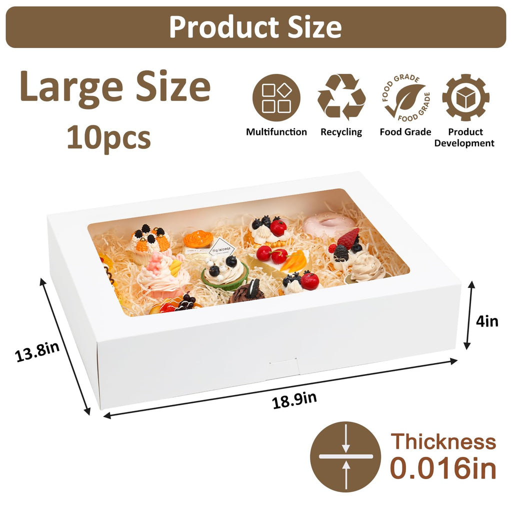 Moretoes 10pcs 19x14x4in Half Sheet Cake Boxes with Window, White Cookie Boxes, for Pastry Baking Cake Donuts Cupcake Pie Packaging For Graduation