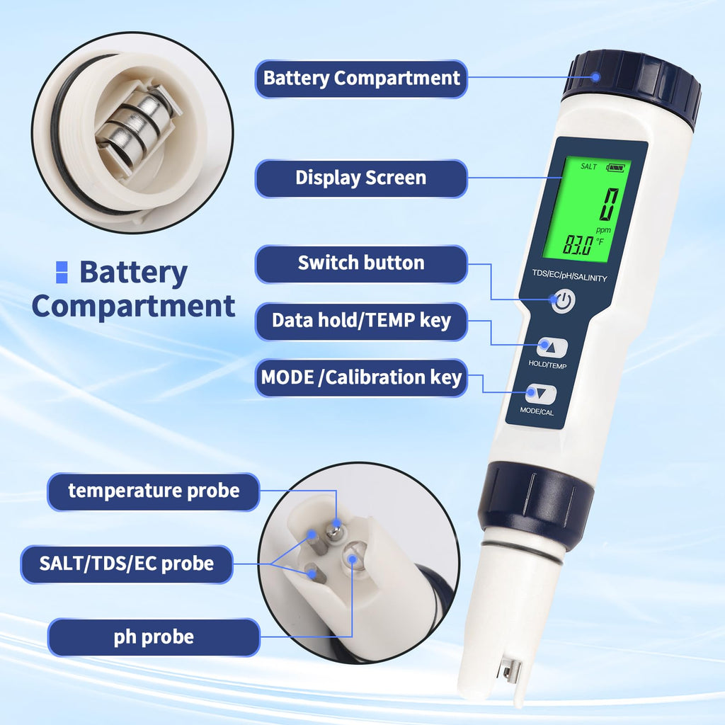 Pool Salt Tester,Digital Pool Water Tester,Accurate and Reliable,Salinity, pH Meter, EC, TDS, and Temperature 5 in 1;Salt Water Pool Testing kit, Used for Pool Salt and hydroponic Plants