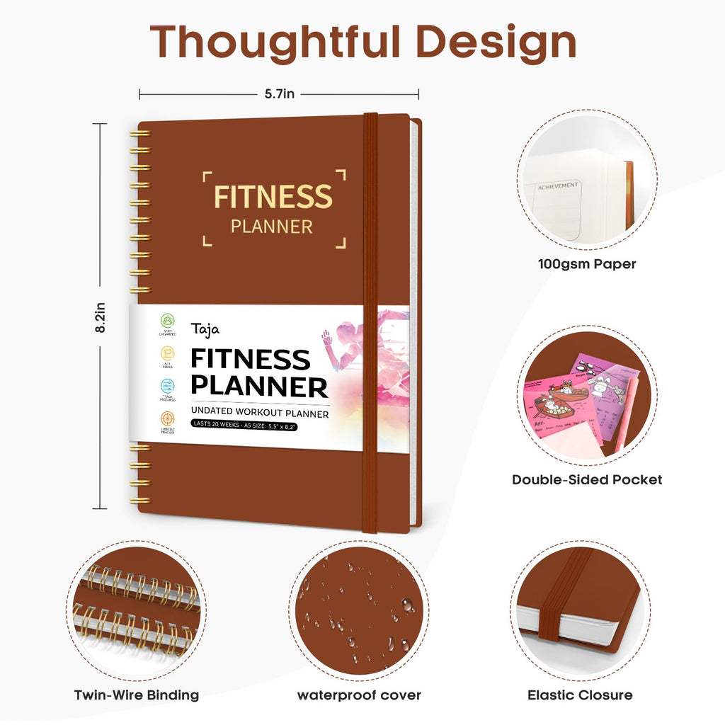 Fitness Workout Journal for Women & Men, A5(5.5" x 8.3") Workout Log Book Planner for Tracking, Progress, and Achieving Your Wellness Goals-Rust Brown