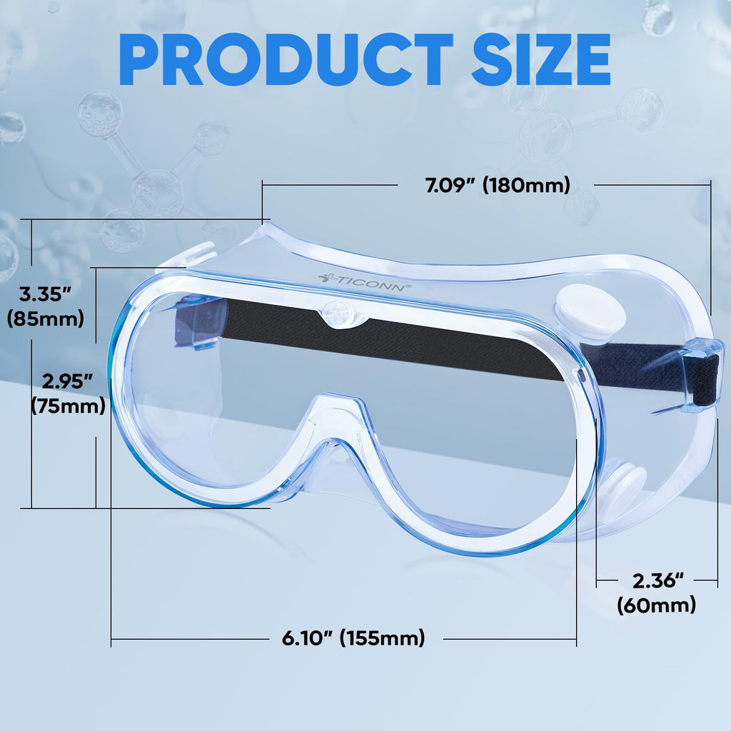 TICONN Anti-Fog Safety Goggles, HD Clear Eye Protection, ANSI Z87.1 Lab Goggles for Chemistry, Industrial (2PK)