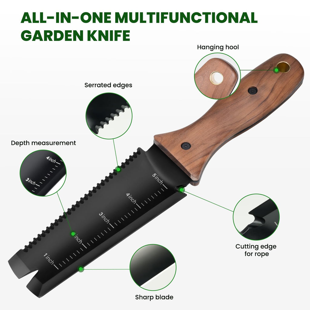 PERWIN Hori Hori Garden Knife, Garden Tools with Sheath, 6" Stainless Steel Blade with Cutting Edge, Full-Tang Walnut Ergonomic Wood Handle with Hanging Hole, Weeding, Planting, Digging