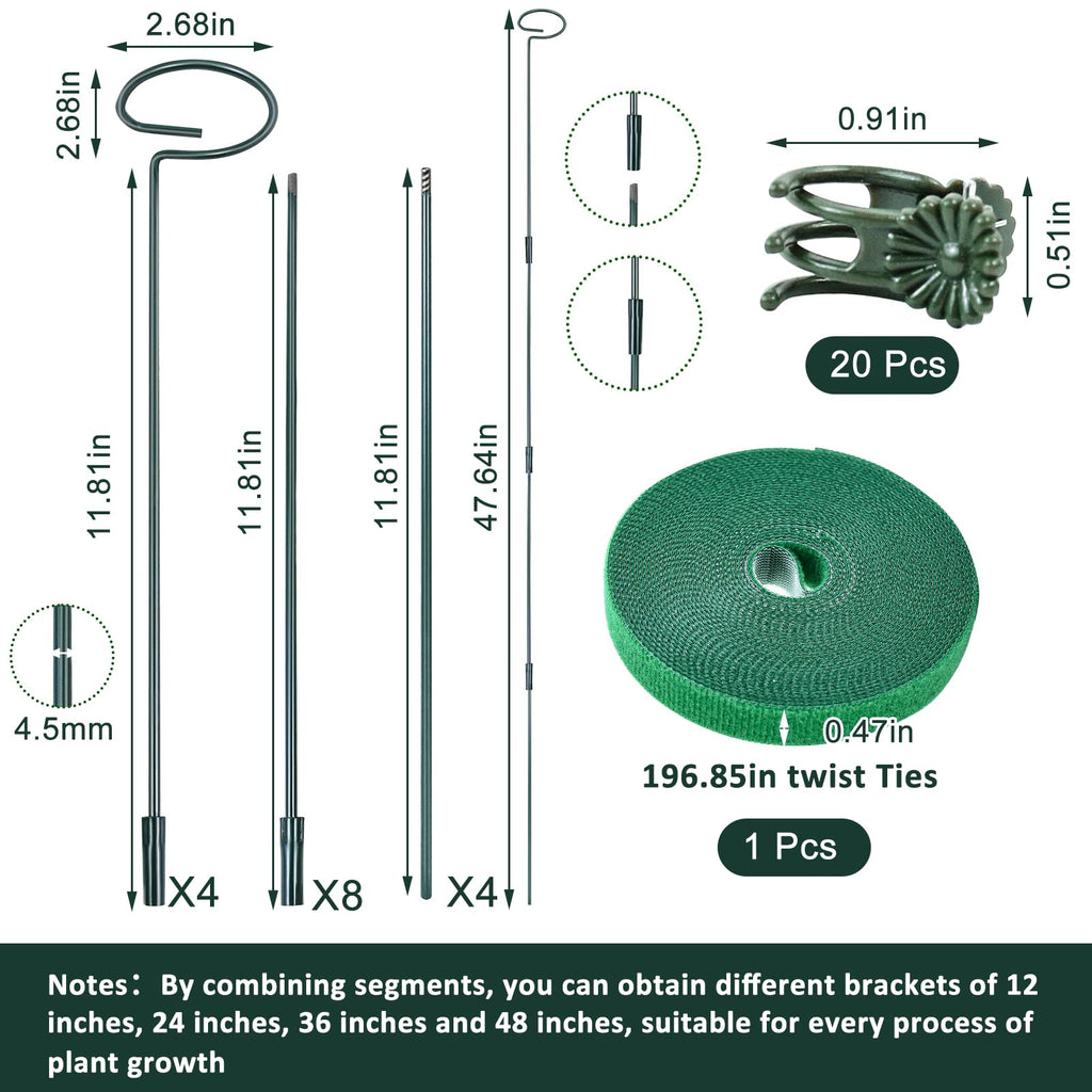 4 Set Metal Plant Sticks Support Tall 48 Inch Adjustable Plants Stem Support Rod Amaryllis Holder Stake Garden Flower Rings with 20PCS Clips 16.5' Plant Ties for Outdoor Indoor Plants
