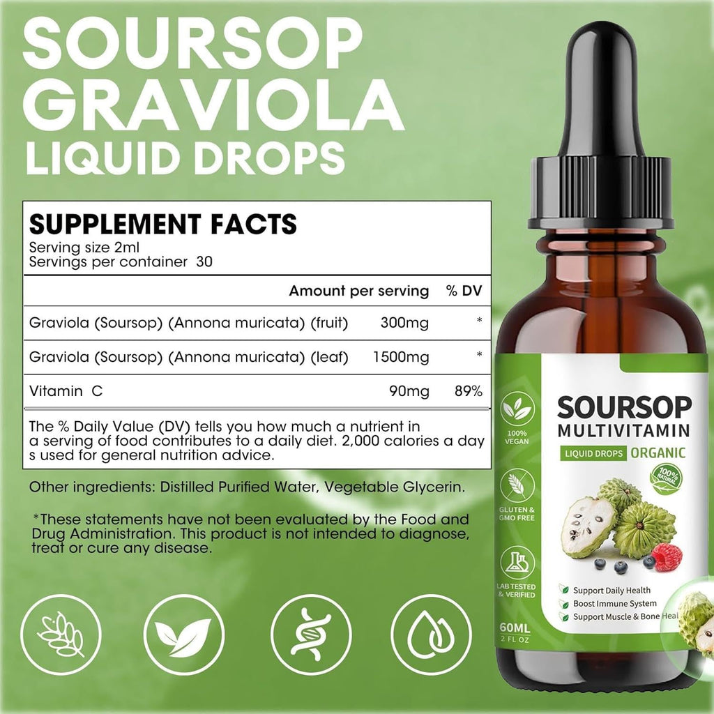 bogomo Soursop Bitters Liquid 2 Fl Oz, Soursop Graviola Leaf Extract Liquid Drop, Soursop Multivitamin Liquid Drops Organic for Cell Support, Immune System, Relax