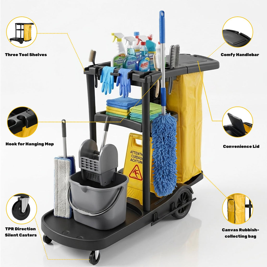 NORTHSKY Janitorial Cart, 3-Shelf Cleaning Carts on Wheels,Commercial Traditional Plastic Housekeeping Cart with 2 Yellow Vinyl Bag and 2 Pair of Rubber Gloves (Classic Black)
