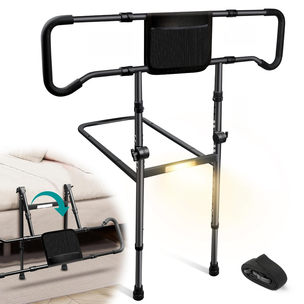 AMOVO Bed Rails for Elderly Adults Safety - Foldable Bed Assist Rails for Seniors Bed Side Grab Bar with Sensor Light, Adjustable Bedside Railing Safety Guard Rail Cane (ASTM F3186–17 Certified)