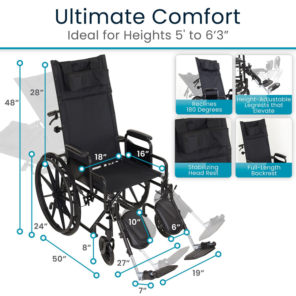 Vive Mobility Reclining Wheelchair with Elevating Leg Rests - Heavy Duty Recliner Wheel Chair for Seniors & Adults -Wide 18" Seat, up to 300lbs -High Back, w/Leg & Head Support -Comfortable Headrest