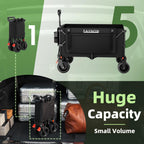 EAYNON 38" L Collapsible Foldable Extended Wagon,440lbs Weight Capacity with 220L Heavy Duty Folding Cart, Utility Wagon with Side Storage Pockets& Drink Holders,Black