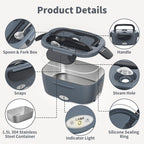 Vingud Electric Lunch Box for Adults, Heated Lunch Box Food Warmer, 80W 1.5L Portable Heating Lunchbox for Men/Work/Car/Truck, 12V 24V 110V Lonchera Eléctrica Portátil Christmas White Elephant Gifts