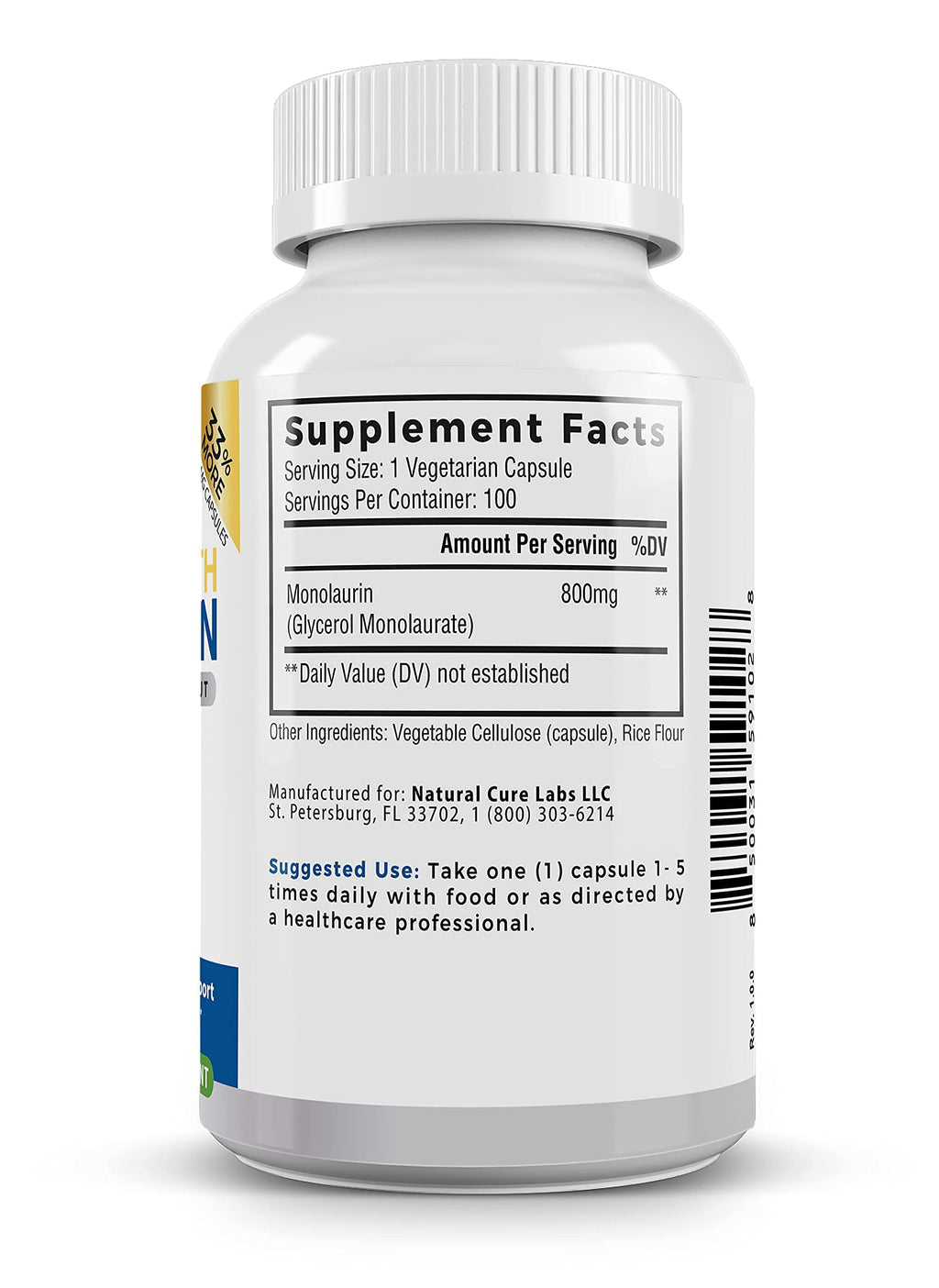 Palmara Health Extra Strength Monolaurin 1,600mg per Serving, 800mg per Capsule