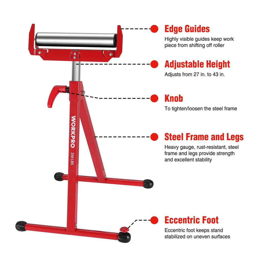 WORKPRO Folding Roller Stand Height Adjustable, Heavy Duty 250 LB Load Capacity, Outfeed Woodworking (Upgraded head)