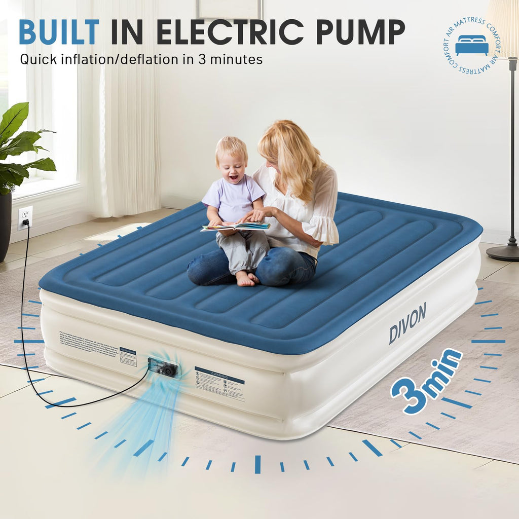 DIVON Air Mattress Queen with Built in Pump,18'' Raised Self Inflatable Mattress,Foldable Blow Up Mattress in 3 Mins,Portable Air Bed for Camping,Travel&Floor,Queen Size Air Matress for Adults,660lbs