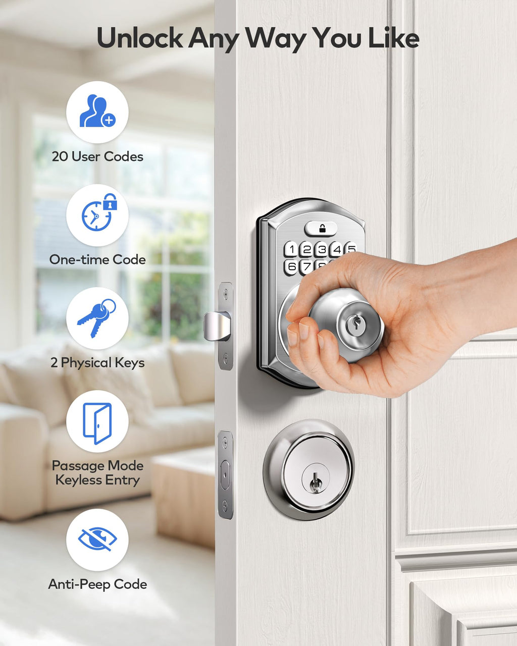 TEEHO TE003 Keyless Entry Keypad Door Lock with Handle, Electronic Digital Smart Locks for Front Door, Smart Door Knob with Code for Bedroom, Auto Lock, Passage Mode, Easy to Install, Satin Nickel