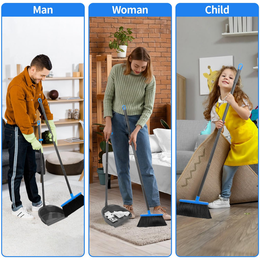 REEWII Broom and Dustpan Set ，Long Handle Broom with Upright Standing Dust pan for Indoor Outdoor Home Kitchen Office Floor Cleaning