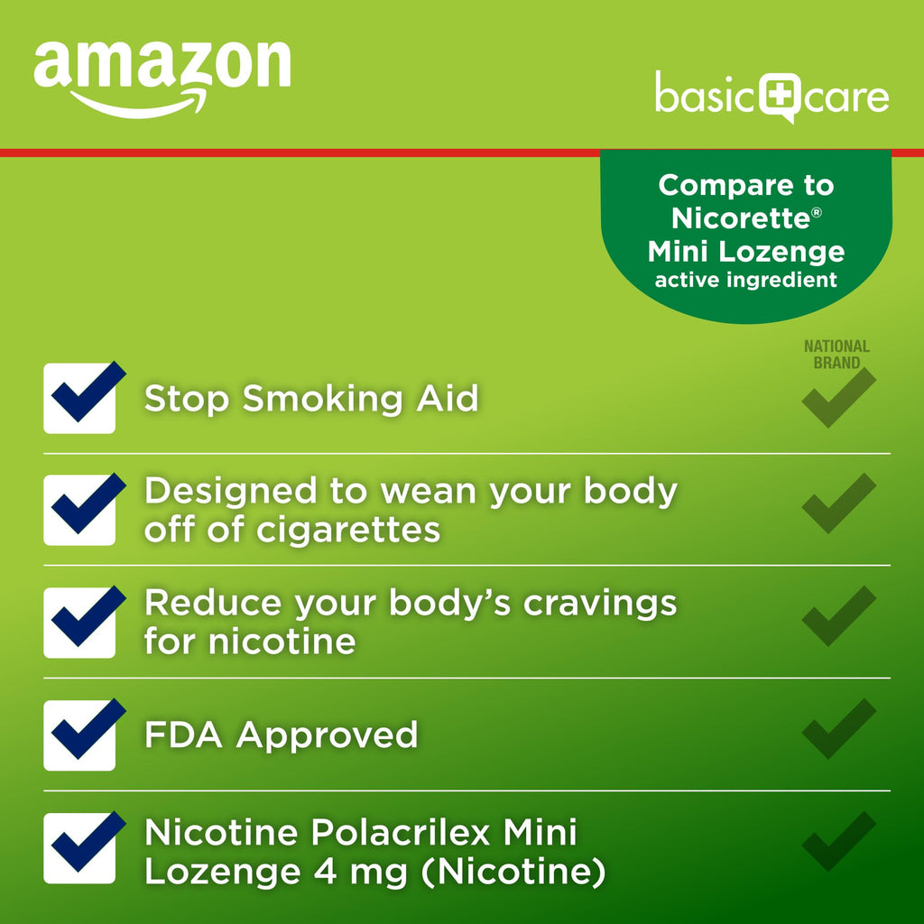 Amazon Basic Care Nicotine Polacrilex Mini Lozenge, 4 mg (Nicotine), Mint Flavor, Stop Smoking Aid, Quit Smoking, Reduces Cravings, 216 Count, 8-Pack of 27