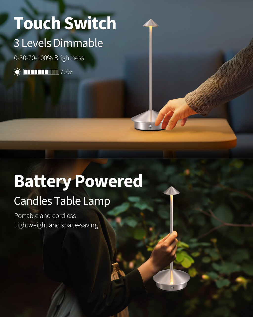 NEWSEE Modern Cordless Table Lamp Set of 2, Portable LED Desk Lamps, 5000mAh Rechargeable Battery Operated Lighting for Bedroom Dining Room Restaurant Coffee Shop Camping Night Light (Brushed Nickel)