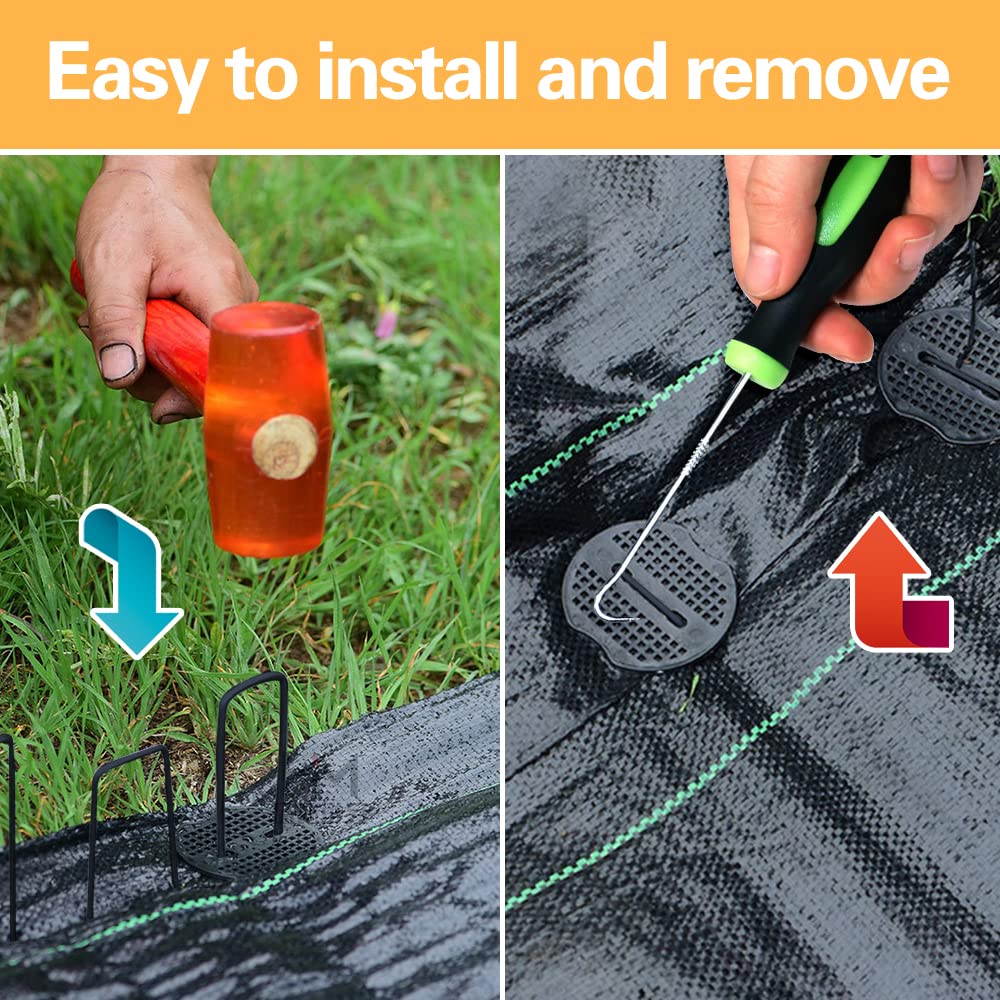 Bakulyor 100pcs Black Landscape Staples + 100pcs Buffer Washer, 6 Inch 11 Gauge Garden Stakes Staples, U Shaped Galvanized Lawn Pins Heavy Duty Yard Ground Pin for Weed Barrier Sod Fabric Decorations