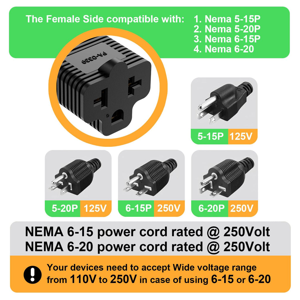 [3Pack] 4-in-1 15 Amp Household AC Plug to 20 Amp T Blade Adapter,5-15P to 5-20R,5-15P to 6-15R,5-15P to 6-20R, 4 in 1 AC Power Adapter,15A 125V to 20A 250V Adapter