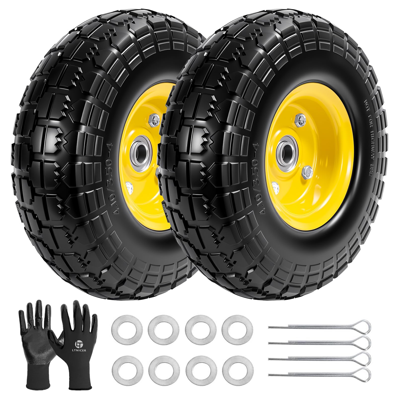 LTNICER 10" Solid Rubber Tires and Yellow Wheels 4.10/3.50-4 (10 x 3.5) Flat Free Tire with 5/8" Bearings,Heavy-Duty Replacement Tire For Gorilla Carts,Wagon,Wheelbarrow,Garden cart(2 Pack)