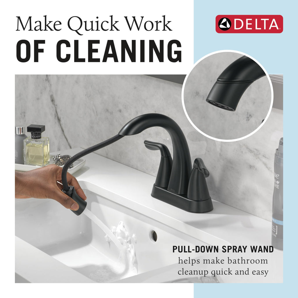 Delta Arvo Pull-Down Centerset Bathroom Faucet, Matte Black Bathroom Sink Faucet, Bathroom Faucet with Pull Out Sprayer, 3-Hole Bathroom Faucet, Matte Black 25840LF-BLPD