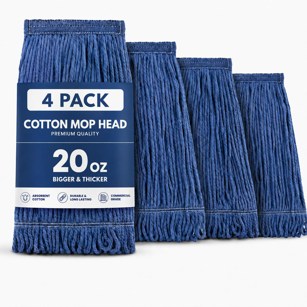 20oz Heavy Duty Cleaning Mop Head Replacement - 4 Pack - Commercial Replacement, Wet Industrial Blue Cotton Looped End String Head Refill