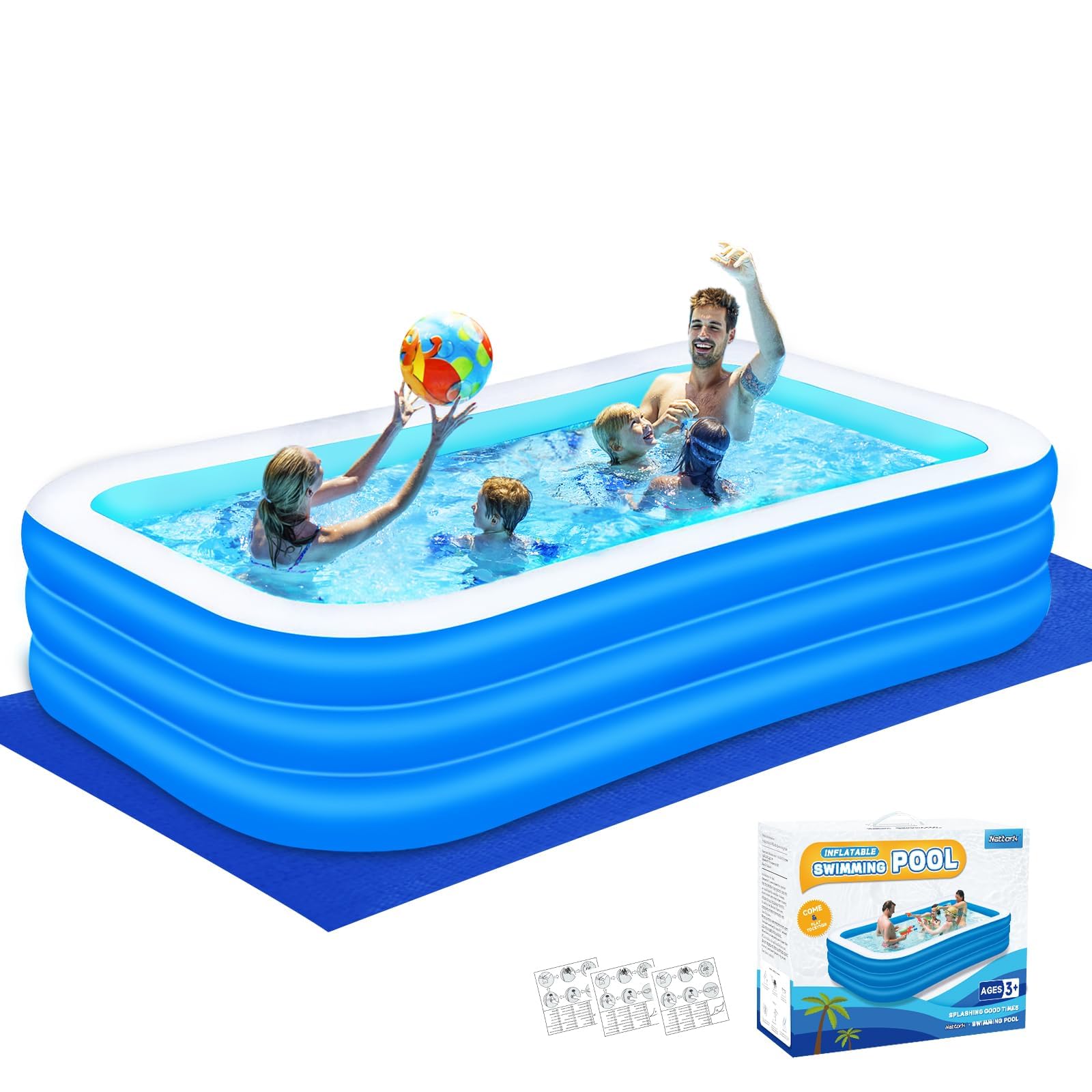 Nattork Inflatable Swimming Pool for Kids and Adults- 118" x 68" x 22" Family Full-Sized Blow Up Pools for kids -Thickened Durable Above Ground Swimming Pool Backyard Lawn, Indoor Outdoor Summer Party