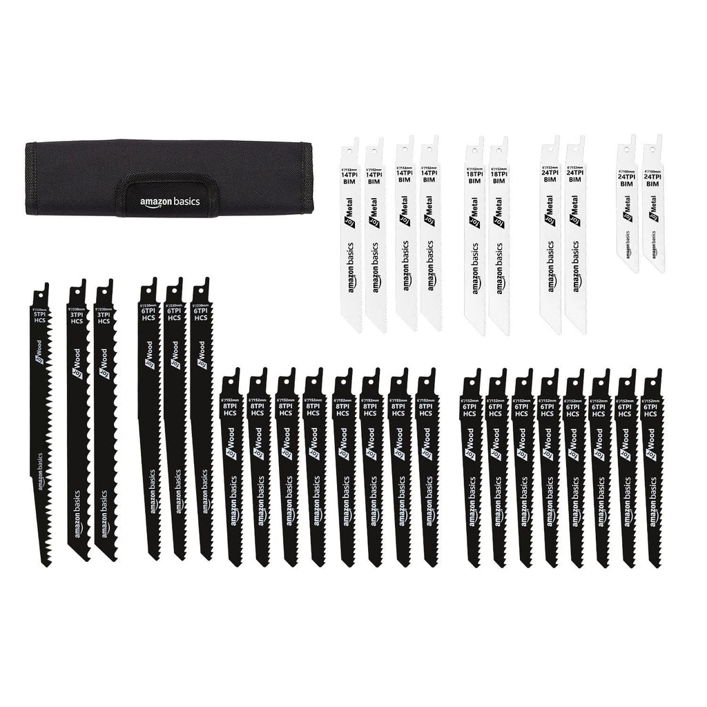 Amazon Basics Chromium Vanadium Steel Reciprocating Saw Blade Set with Organizer Pouch, Compatible For Plastic, 32-Pieces, Black & White