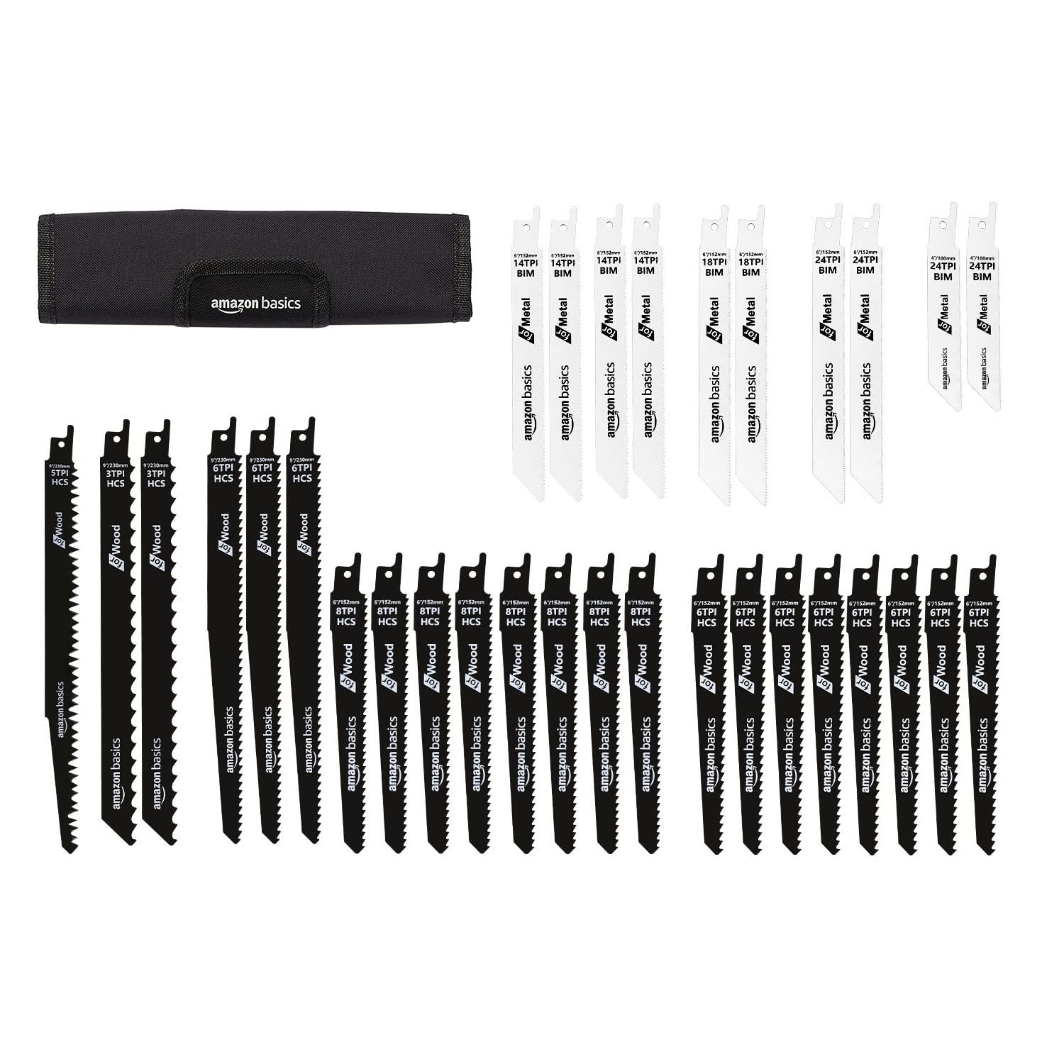 Amazon Basics Chromium Vanadium Steel Reciprocating Saw Blade Set with Organizer Pouch, Compatible For Plastic, 32-Pieces, Black & White