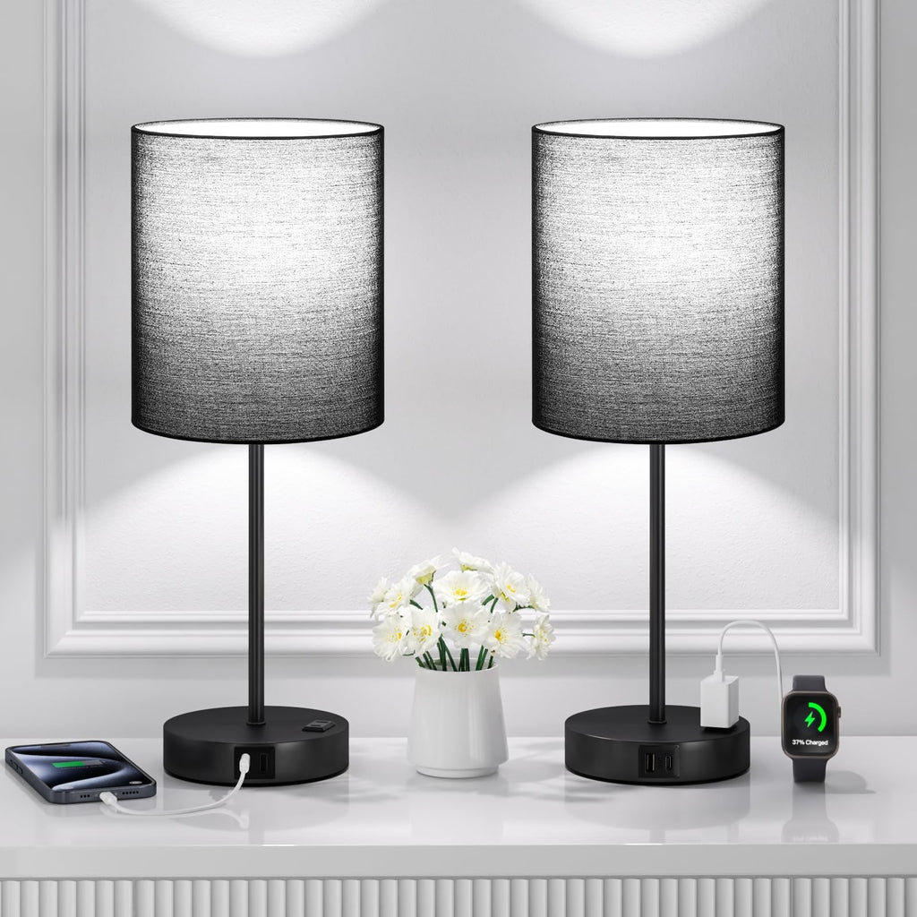Black Touch Lamps for Nightstand Set of 2 - Bedside Table Lamp for Bedroom with Dual USB Ports & AC Outlet, 3-Way Dimmable Lamps for Living Room Boys Room, Night Light with 5000K Daylight Bulbs